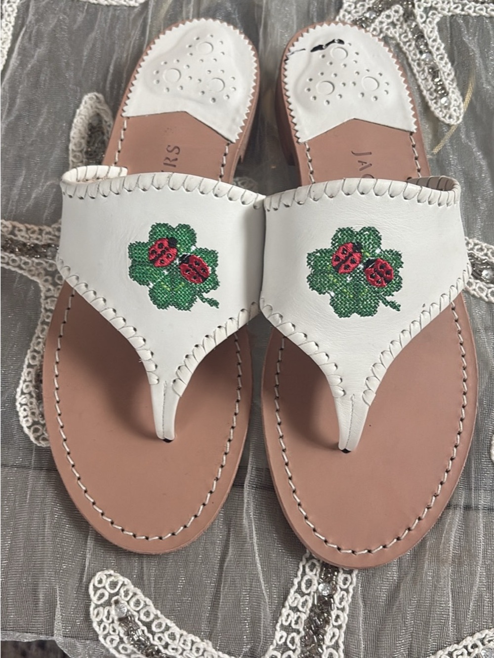Jack rogers White Leather Thong Sandals with Ladybug Clover Embroidery